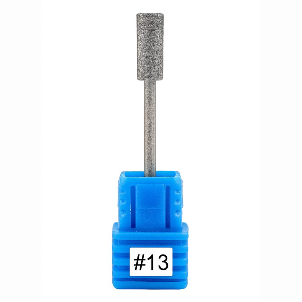 Diamond nail drill bit #13 — medium cylinder (barrel) shape, diamond-grit e-file bit on blue holder