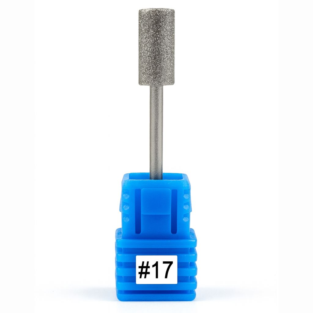 Diamond nail drill bit #17 — large cylinder (barrel) shape, diamond-grit e-file bit on blue holder