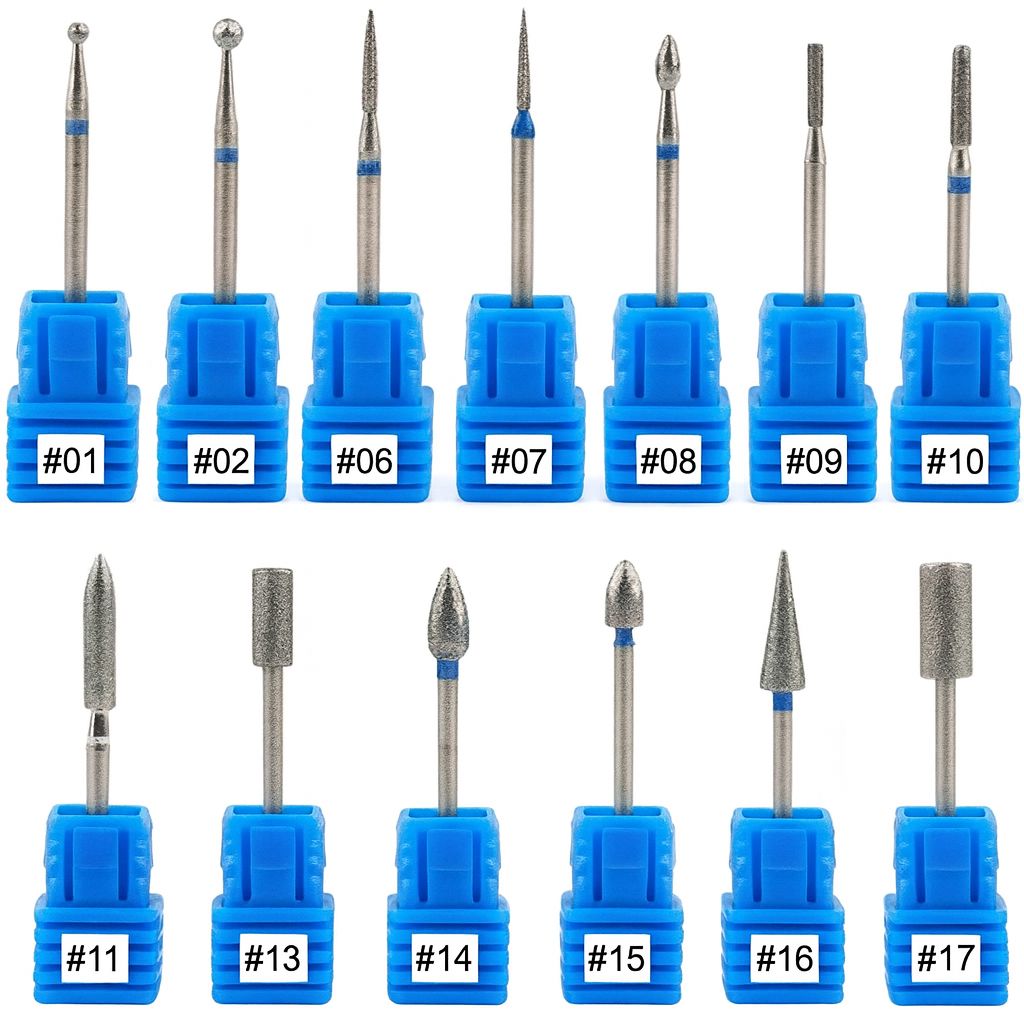 Diamond nail drill bits — ball, cone, barrel & flame shapes on blue holders for e‑file manicures