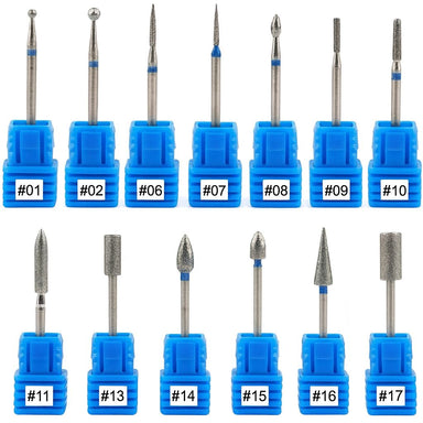 Diamond nail drill bits — ball, cone, barrel & flame shapes on blue holders for e‑file manicures