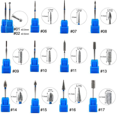 Assorted diamond nail drill bit set with size labels—ball, cone, cylinder & flame shapes on blue holders for e‑file manicure