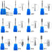 Assorted diamond nail drill bit set with size labels—ball, cone, cylinder & flame shapes on blue holders for e‑file manicure
