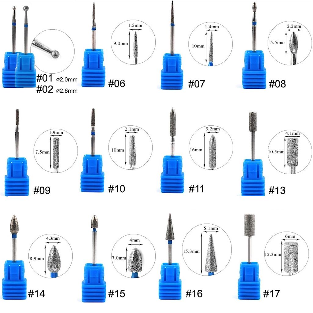 Diamond nail drill bit set chart showing assorted e-file bit shapes (#01–#17) with size measurements