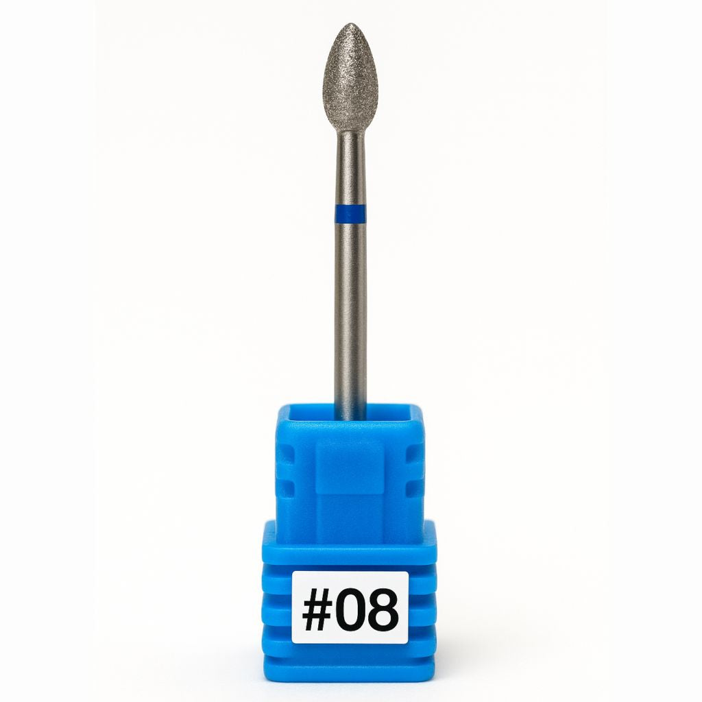 Diamond nail drill bit #08 — teardrop (flame) shape with blue band, medium-grit e-file bit on blue holder.