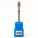 Diamond nail drill bit #08 — teardrop (flame) shape with blue band, medium-grit e-file bit on blue holder.