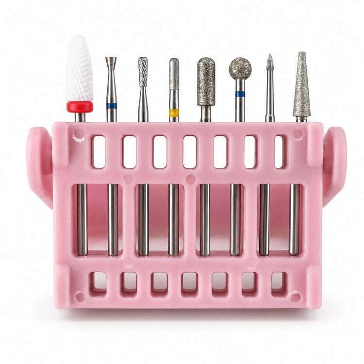 Eight-piece ceramic and diamond nail drill bit set with assorted cone, ball and cylinder shapes in a pink storage stand.
