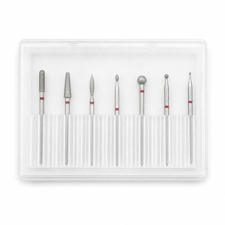 Seven-piece diamond nail drill bit set with assorted cylinder, cone, flame and ball shapes in a clear storage case.
