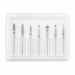 Seven-piece diamond nail drill bit set with assorted cylinder, cone, flame and ball shapes in a clear storage case.
