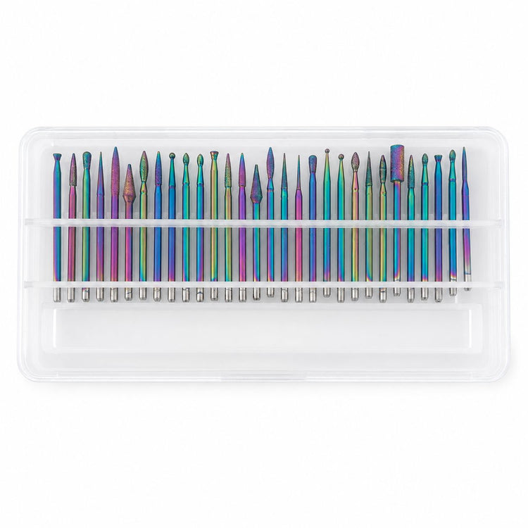 Set of 30 rainbow-coated diamond nail drill bits in assorted shapes, supplied in a clear storage case.
