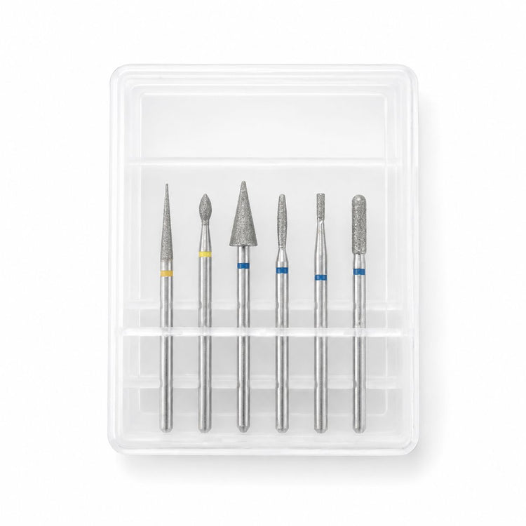Six-piece diamond nail drill bit set with assorted needle, flame, cone and cylinder shapes and colour-coded grits in a clear storage case.
