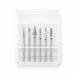 Six-piece diamond nail drill bit set with assorted needle, flame, cone and cylinder shapes and colour-coded grits in a clear storage case.
