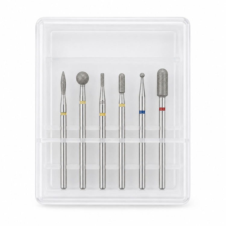 NSI Australia set of six diamond nail drill bits in assorted shapes and grits, supplied in a clear storage case.
