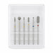 NSI Australia set of six diamond nail drill bits in assorted shapes and grits, supplied in a clear storage case.
