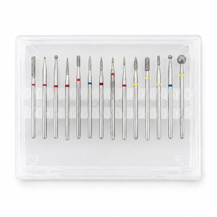 Fourteen-piece diamond nail drill bit set with assorted cylinder, needle, flame and ball shapes and colour-coded grits in a clear storage case.
