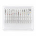 Fourteen-piece diamond nail drill bit set with assorted cylinder, needle, flame and ball shapes and colour-coded grits in a clear storage case.
