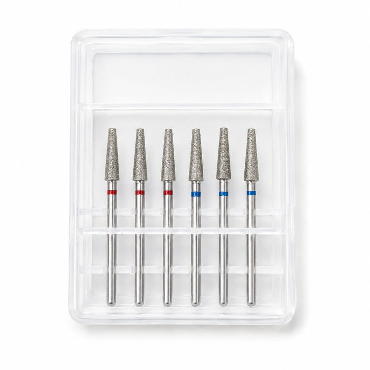 Six-piece tapered cone diamond nail drill bit set with fine and medium grits in a clear storage case.

