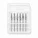 Six-piece tapered cone diamond nail drill bit set with fine and medium grits in a clear storage case.
