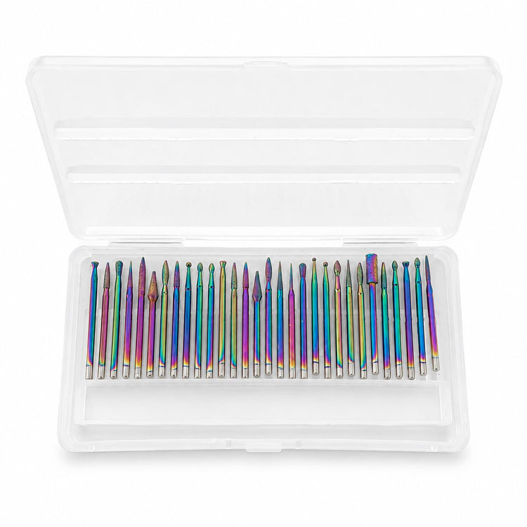 Set of 30 rainbow-coated diamond nail drill bits in assorted shapes, supplied in a clear storage case.
