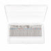 Set of 30 silver diamond nail drill bits in assorted flame, cone, cylinder and ball shapes, supplied in a clear storage case.
