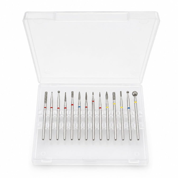 Fourteen-piece diamond nail drill bit set with assorted cylinder, needle, flame and ball shapes and colour-coded grits in a clear storage case.
