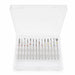 Fourteen-piece diamond nail drill bit set with assorted cylinder, needle, flame and ball shapes and colour-coded grits in a clear storage case.
