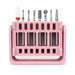 Eight-piece nail drill bit set with assorted ceramic and diamond bits displayed in a pink storage stand.
