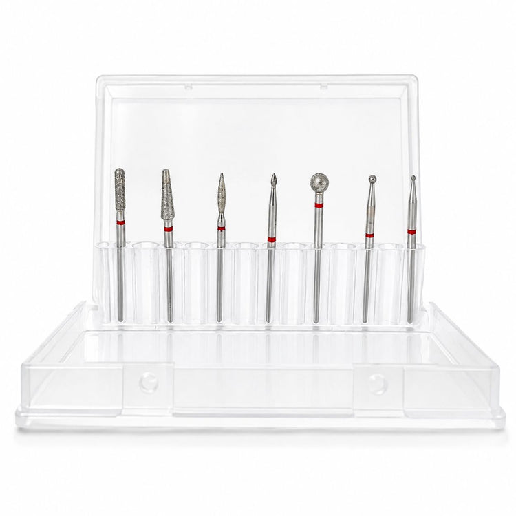 Seven-piece fine-grit diamond nail drill bit set with assorted cylinder, cone, flame and ball shapes in a clear display case.
