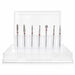 Seven-piece fine-grit diamond nail drill bit set with assorted cylinder, cone, flame and ball shapes in a clear display case.
