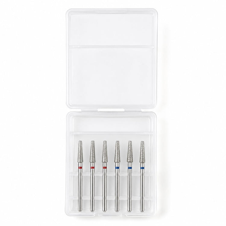 Six-piece tapered cone diamond nail drill bit set with fine and medium grits in a clear storage case.
