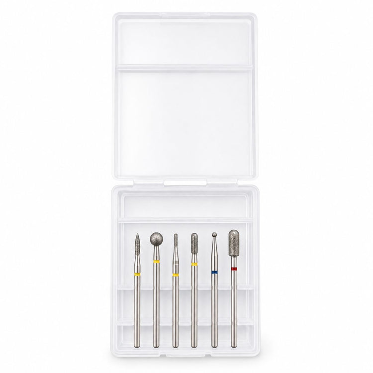 Six-piece mixed diamond nail drill bit set with assorted flame, ball and cylinder shapes in a clear storage case.
