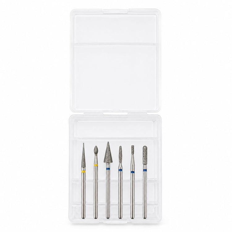Six-piece mixed diamond nail drill bit set with assorted needle, flame, cone and cylinder shapes in a clear storage case.
