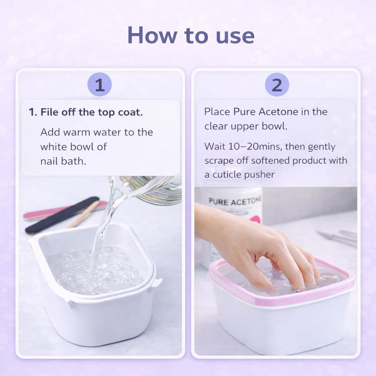 NSI Australia nail dipping removal kit how-to – warm water nail bath with pure acetone soak, wait 10–20 minutes, then gently remove product