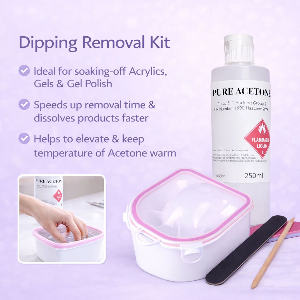 Dipping removal kit with nail bath, 100% pure acetone 250ml and tools for acrylic, gel and gel polish removal