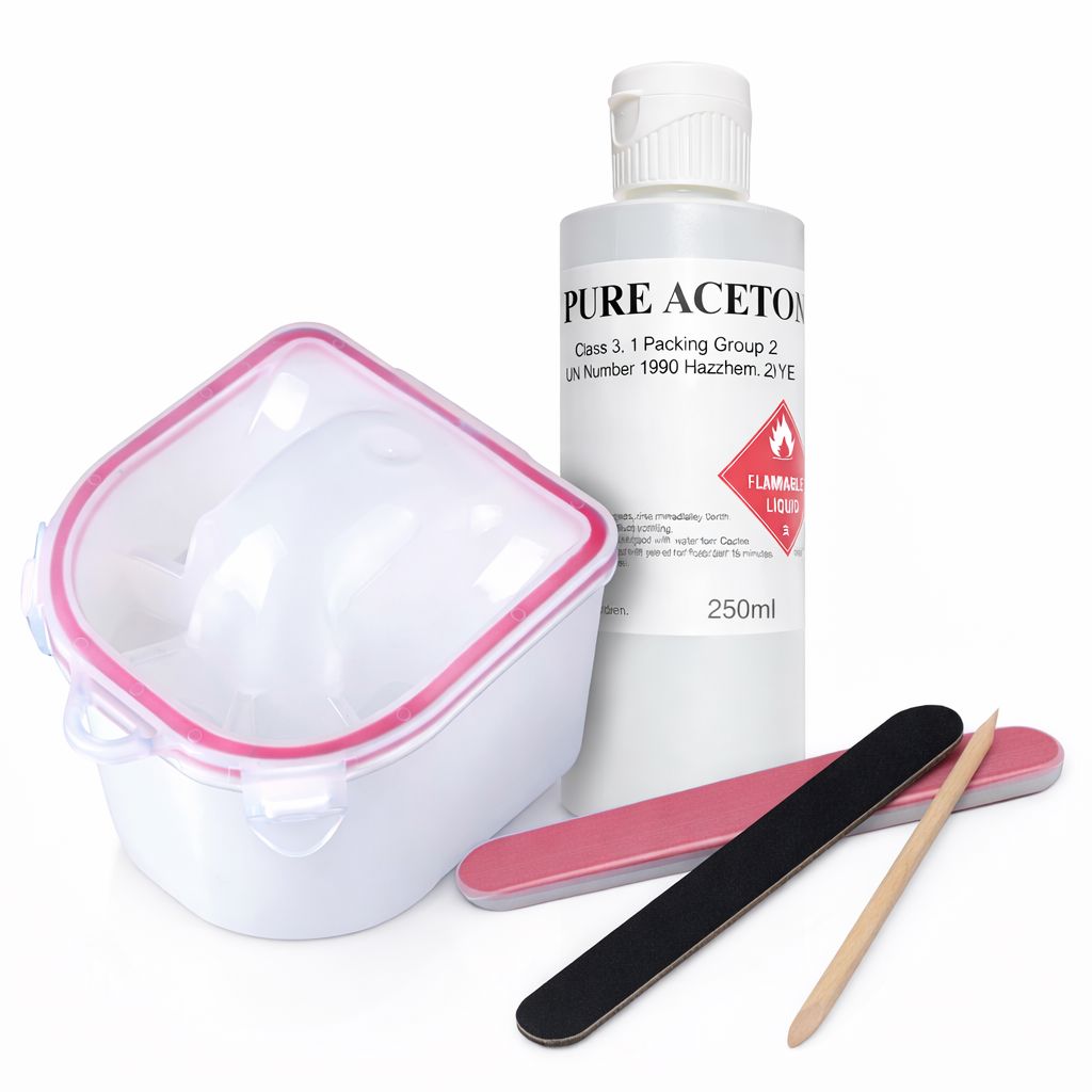 Dipping removal kit with nail bath, 100% pure acetone 250ml, nail file and cuticle stick