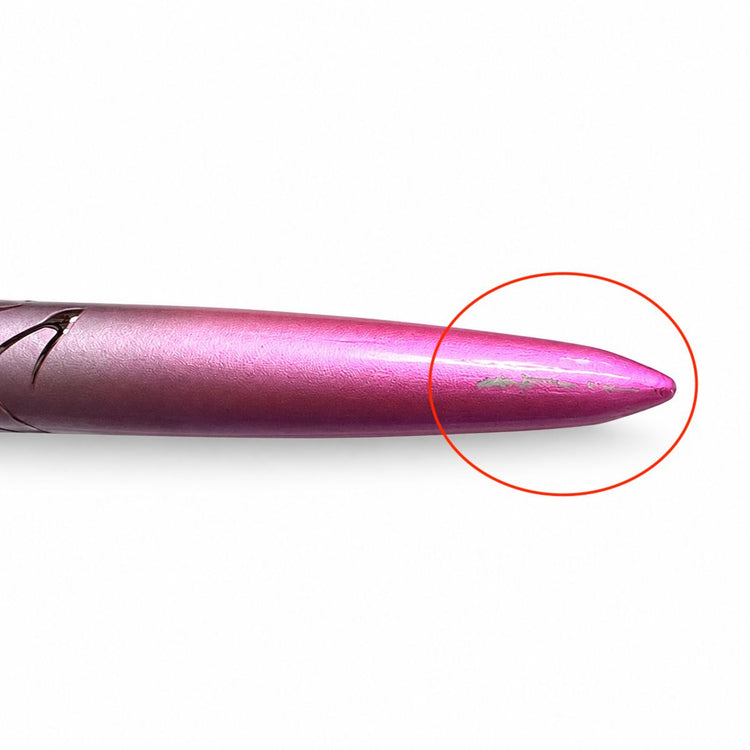 Discounted size 8 acrylic nail brush with pink handle showing cosmetic damage circled for clearance sale detail