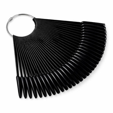 Black coffin nail swatch display fan with 50 sample tips on metal key ring for gel polish colour charting