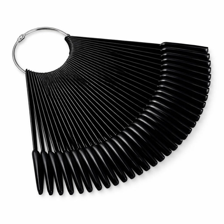 Black coffin nail swatch display fan with 50 sample tips on metal key ring for gel polish colour charting