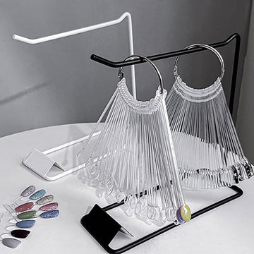 Nail Success Australia black and white metal display racks holding clear nail swatch sticks for salon colour chart organisation
