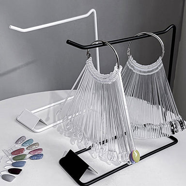 Nail Success Australia black and white metal display racks holding clear nail swatch sticks for salon colour chart organisation