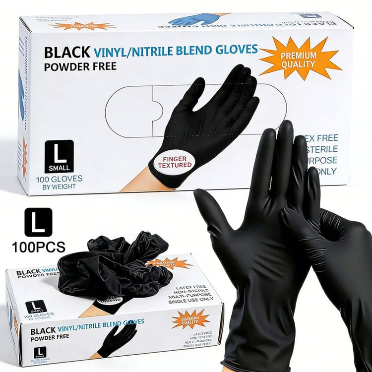 Black vinyl nitrile blend powder-free disposable gloves, 100 piece large box with finger textured grip for salon, manicure and nail technician use