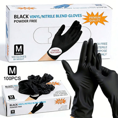 Black vinyl nitrile blend powder-free disposable gloves, 100 piece box with finger textured grip for salon, manicure and nail technician use