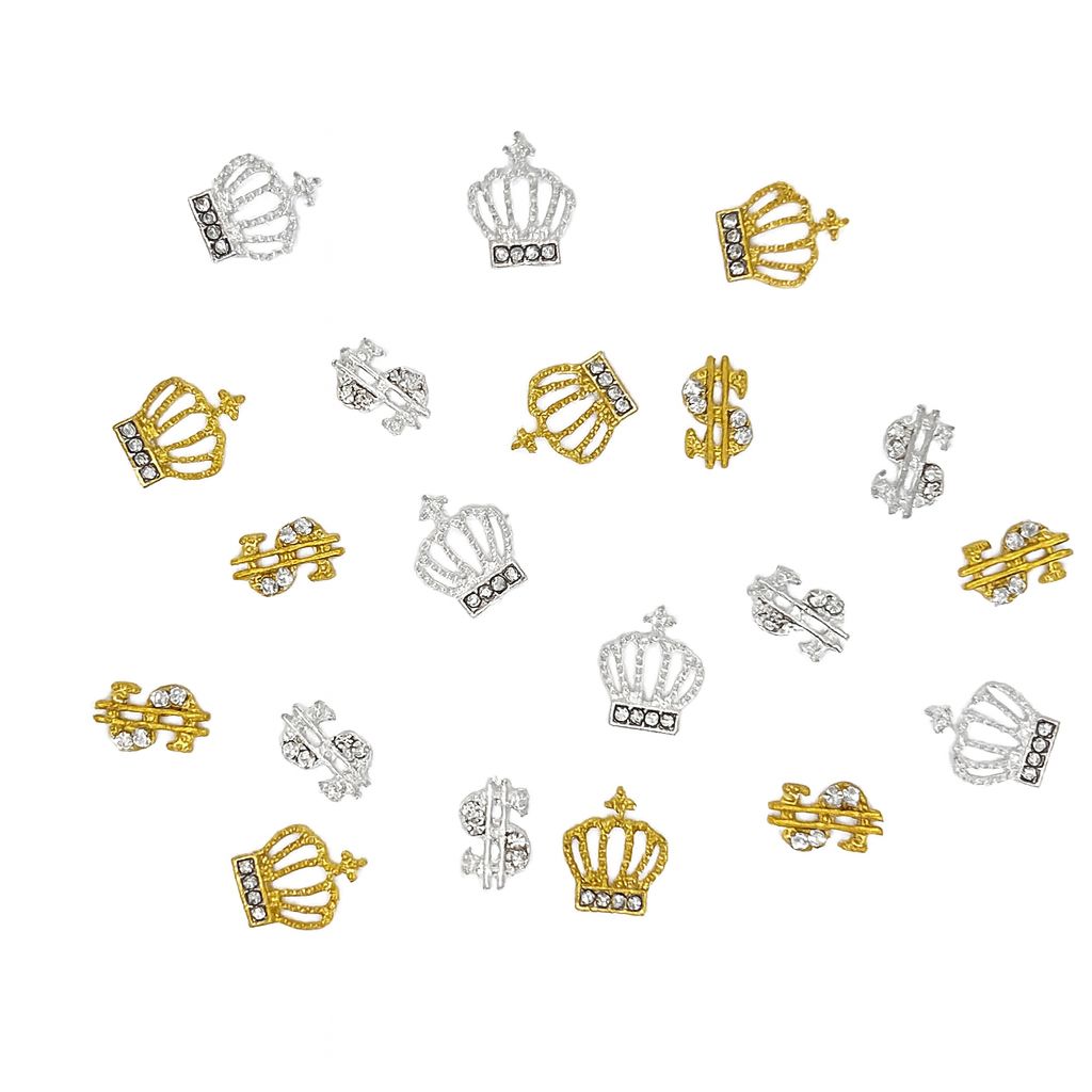 Nail Success Australia dollar sign & crown 3D nail art charms — mixed gold and silver rhinestone alloy decorations set