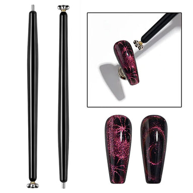 Double-ended magnetic nail art stick with flower magnet tip for creating cat eye gel polish effects and detailed magnetic nail designs