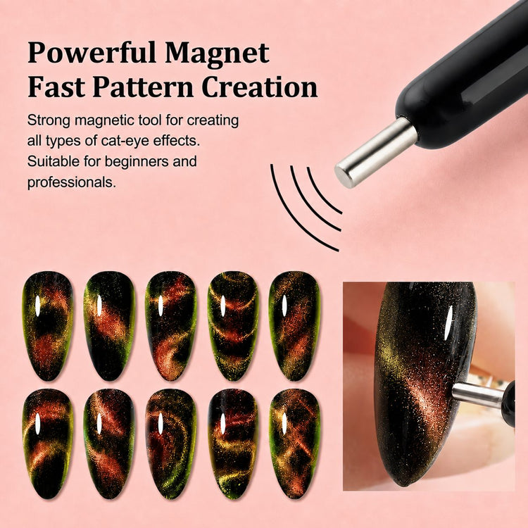 Black double-ended flower and stick cat-eye magnet tool creating gold, copper and green magnetic gel polish effects – NSI Australia