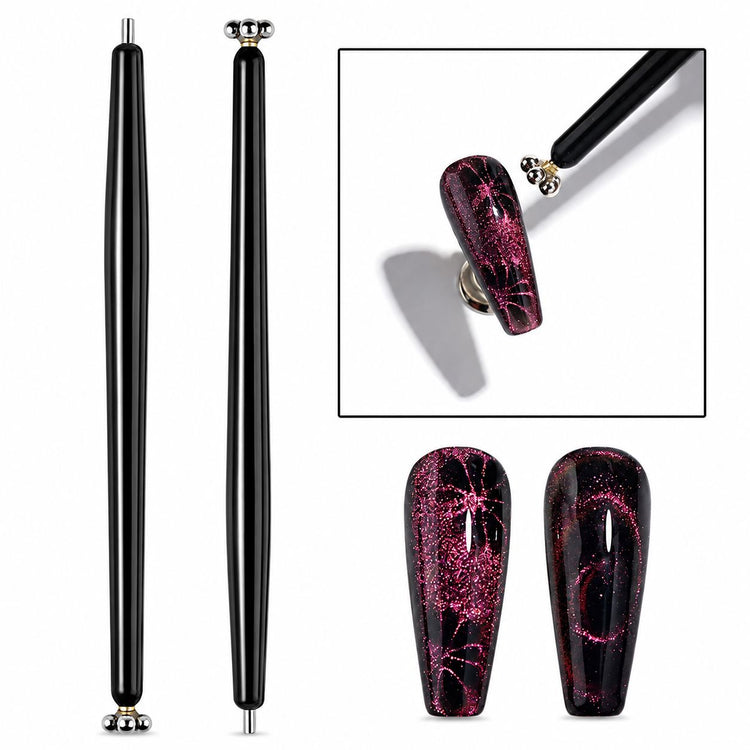Black double-ended flower and stick cat-eye magnet tool creating pink floral magnetic gel polish nail art – NSI Australia