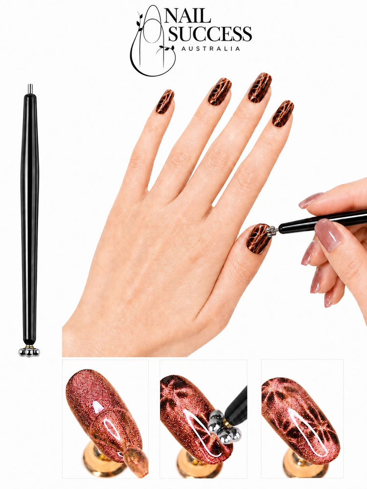 Black double-ended stick and flower cat-eye magnet tool creating copper magnetic gel polish nail art – Nail Success Australia