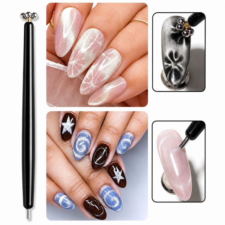 Black double-ended flower and stick cat-eye magnet tool creating magnetic gel polish nail art – NSI Australia