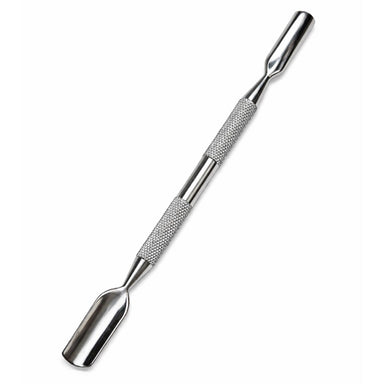 Stainless steel dual-ended cuticle pusher with wide flat pusher end, rounded pusher end and textured grip handle on a light gray background