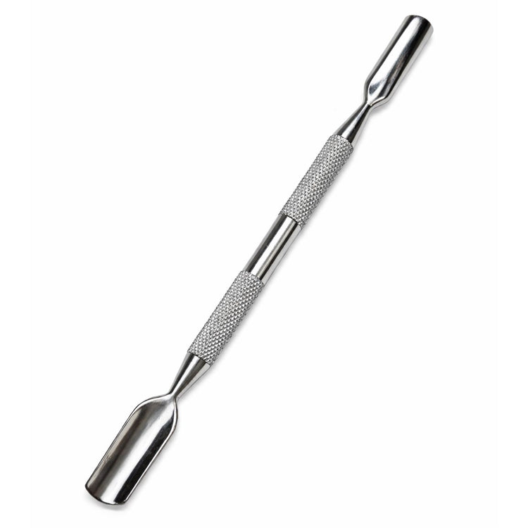 Stainless steel dual-ended cuticle pusher with wide flat pusher end, rounded pusher end and textured grip handle on a light gray background