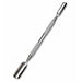 Stainless steel dual-ended cuticle pusher with wide flat pusher end, rounded pusher end and textured grip handle on a light gray background